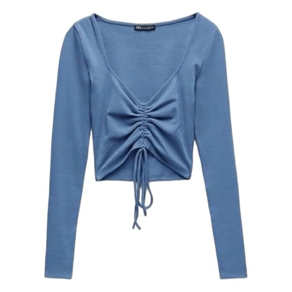 Zara Ruched Crop Top Periwinkle Blue Ribbed Knit Long Sleeve S - Picture 1 of 7